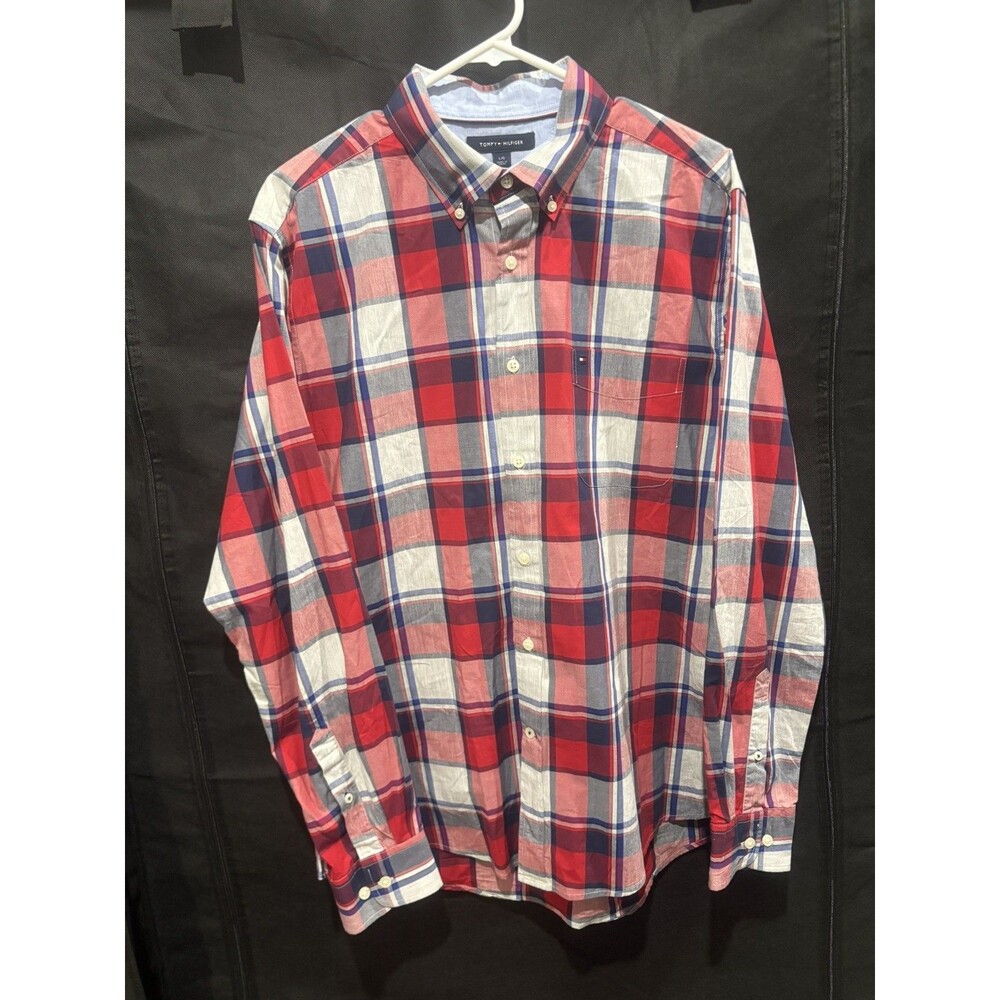 Tommy Hilfiger Men’s Button Down Shirt Plaid Long Sleeve L Classic 100% Cotton
